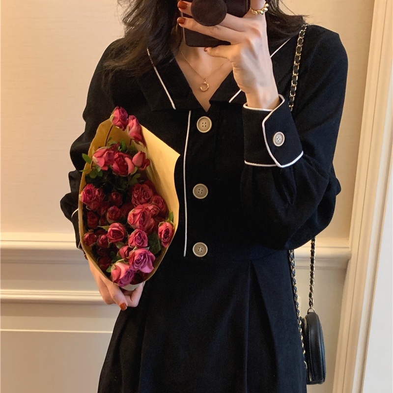 Đầm SUXI dáng chữ A cổ bẻ màu sắc vintage thời trang mùa thu phong cách Hàn Quốc