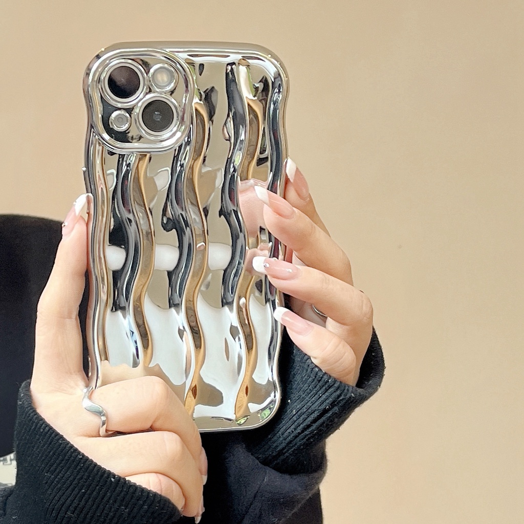 Ốp Điện Thoại tpu Dẻo Viền Gợn Sóng Màu Bạc Họa Tiết Kẻ Sọc 3D Thời Trang Cho Iphone 14 pro max 12 pro max 11 pro max 13promax