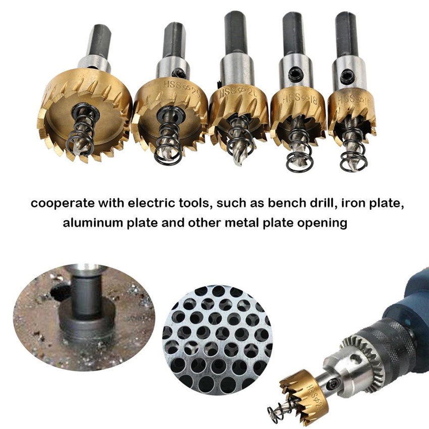 Bộ 5 Mũi Khoan Khoét Lỗ - Mũi Khoét Kim Loại Thép HSS Kích Thước 16mm - 30mm Có Mũi Định Tâm