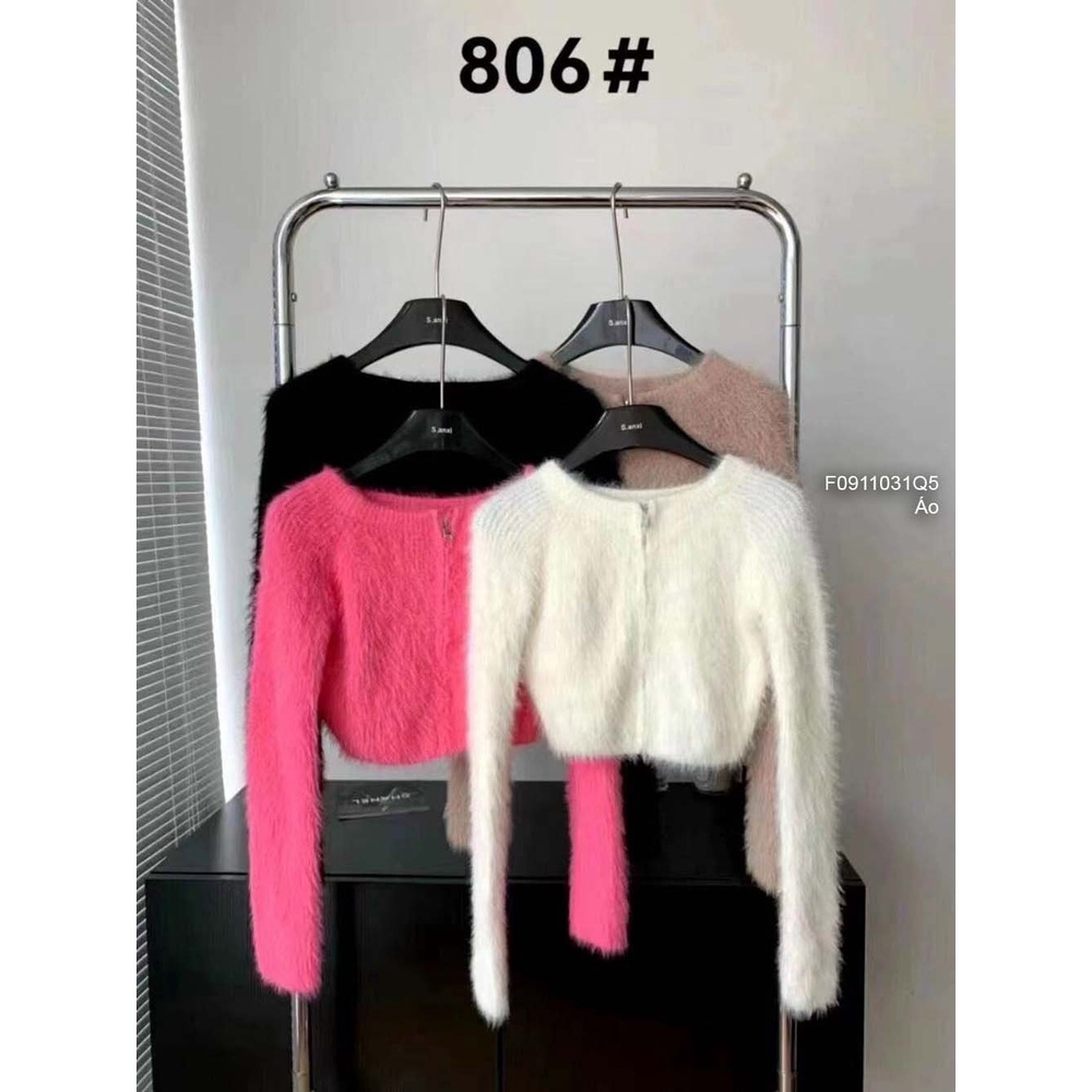 Áo len lông croptop kéo khóa tay dài hàng QC