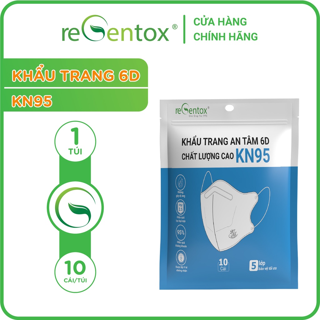 Khẩu trang 6D Regentox được sản xuất theo tiêu chuẩn KN95 nghiêm ngặt chuyên sử dụng để LỌC BỤI MỊN PM2.5 trong không kh