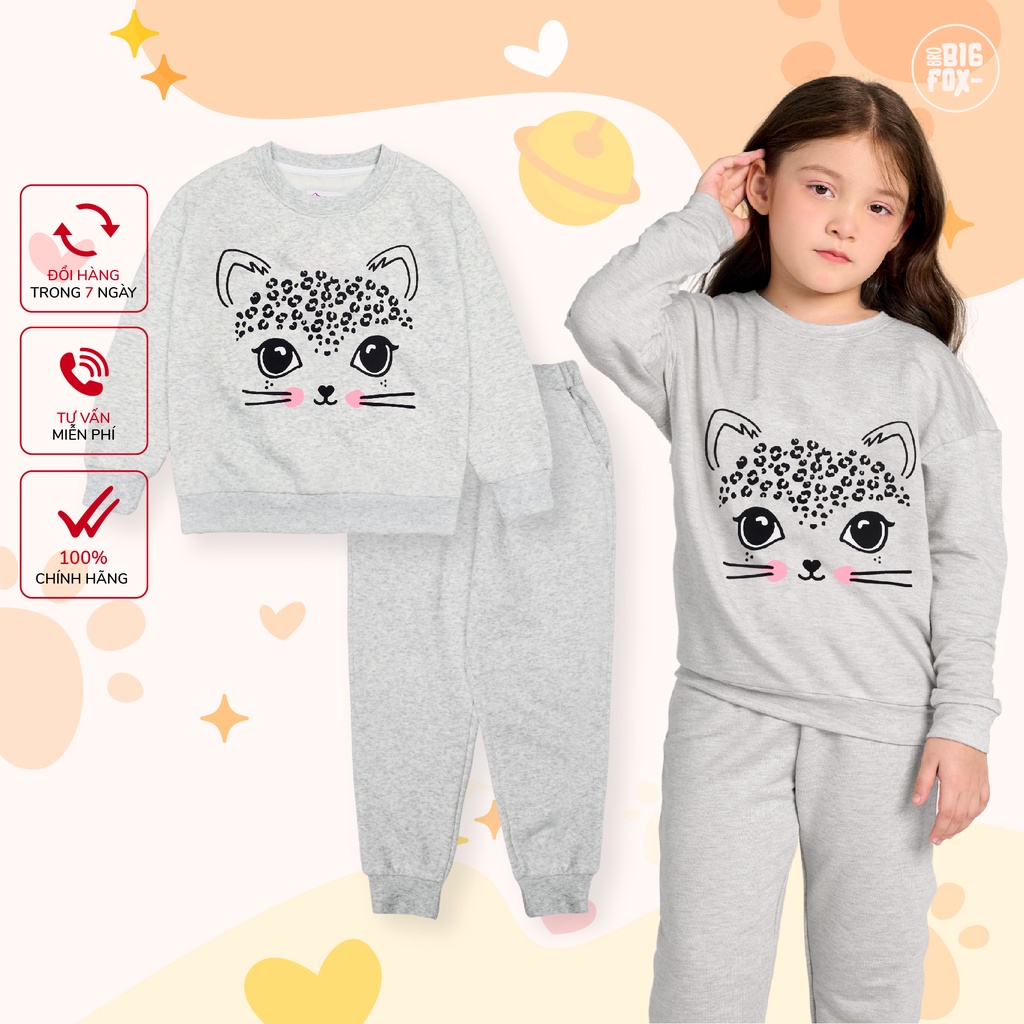 Bộ thu đông bé gái Bigfox Miss Meow size đại, bộ nỉ cho bé vải nỉ bông dày dặn in báo dễ thương size 3,4…11 tuổi