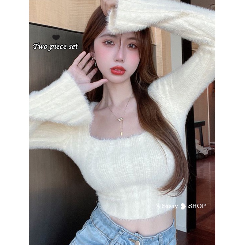 QADCOL Áo sweater Croptop Giả Lông Chồn Cổ Vuông Thời Trang Mùa Thu Cho Nữ