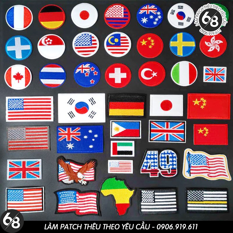 Sticker ủi nhiệt thêu logo hình cờ nước Mỹ Đức Anh Pháp Trung Quốc - Patch ủi quần áo balo H27