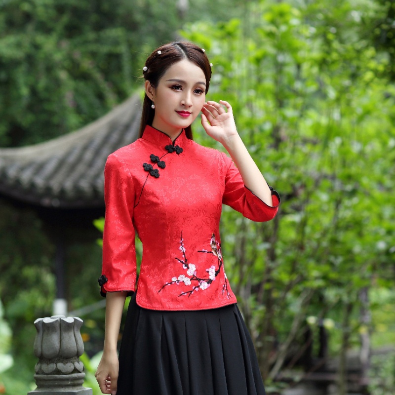 IELGY  Áo Thun Qipao Tay Dài Vừa Thêu Họa Tiết Màu Đỏ Phong Cách Trung Hoa Cổ Điển Thời Trang Cho Nữ