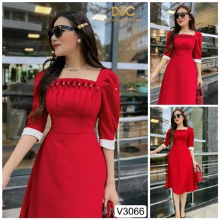 Đầm đi tiệc cổ vuông tay lửng - đầm chất cotton lạnh đính cườm xịn- dáng dài xòe có nhũng kiểu