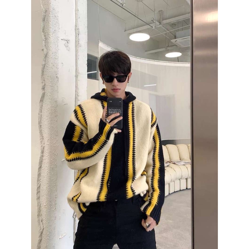 Áo Sweater Có Mũ Trùm Vải Lông Dày Cao Cấp Thiết Kế Sọc Màu Sắc Khóa Hình Hươu Thời Trang Thu Đông Cho