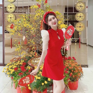 Đầm tiểu thư xinh đẹp cổ tàu phối tay voan váy đỏ