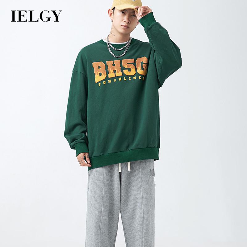 IELGY Áo sweater Cổ Tròn In Hình Ngọn Lửa Phong Cách retro Cho Nam