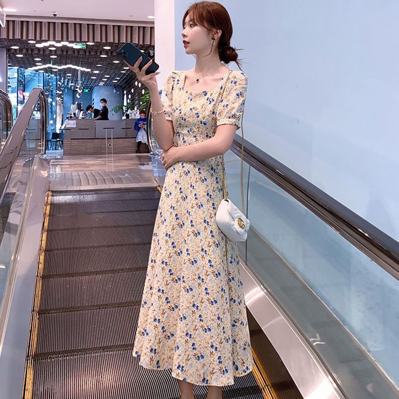 IELGY IELGY Đầm chiffon Dài Qua Gối In Họa Tiết Hoa Phong Cách Pháp Cổ Điển Thời Trang Cho Nữ