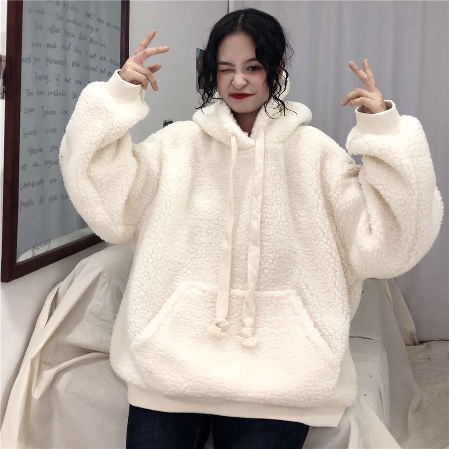Áo khoác hoodie lông cừu form rộng có mũ phong cách Hàn Quốc, màu trắng cho nàng mùa đông ấm áp.TH66