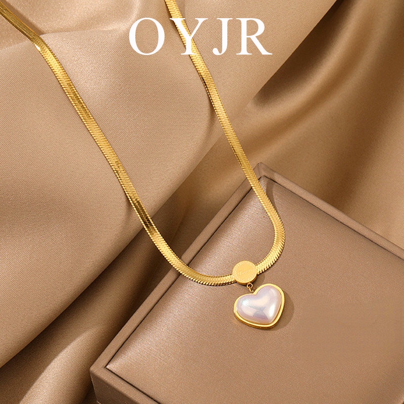 OYJR vòng cổ nữ titan không gỉ hình trái tim mặt dây chuyền ngọc trai Hàn Quốc trang sức titan thật