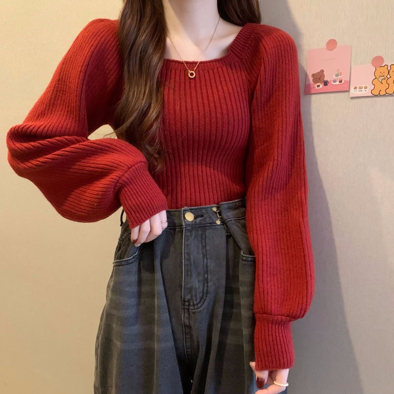 Áo sweater dệt kim tay dài cổ vuông đơn giản phong cách thời trang dành cho nữ