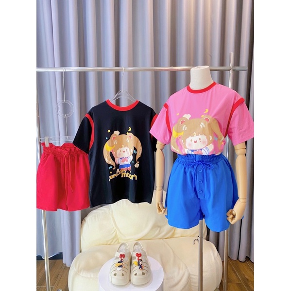 HONEY BEAR - SET ÁO PHÔNG THUỶ THỦ MẶT TRĂNG KÈM QUẦN SHORT THUN