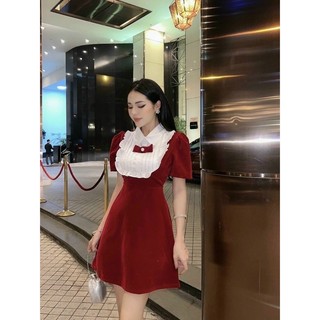 đầm nữ chất NHUNG phối chéo nhung tiểu thư bèo dập ly đính nơ đen và đỏ