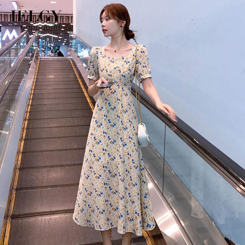 IELGY IELGY Đầm chiffon Dài Qua Gối In Họa Tiết Hoa Phong Cách Pháp Cổ Điển Thời Trang Cho Nữ