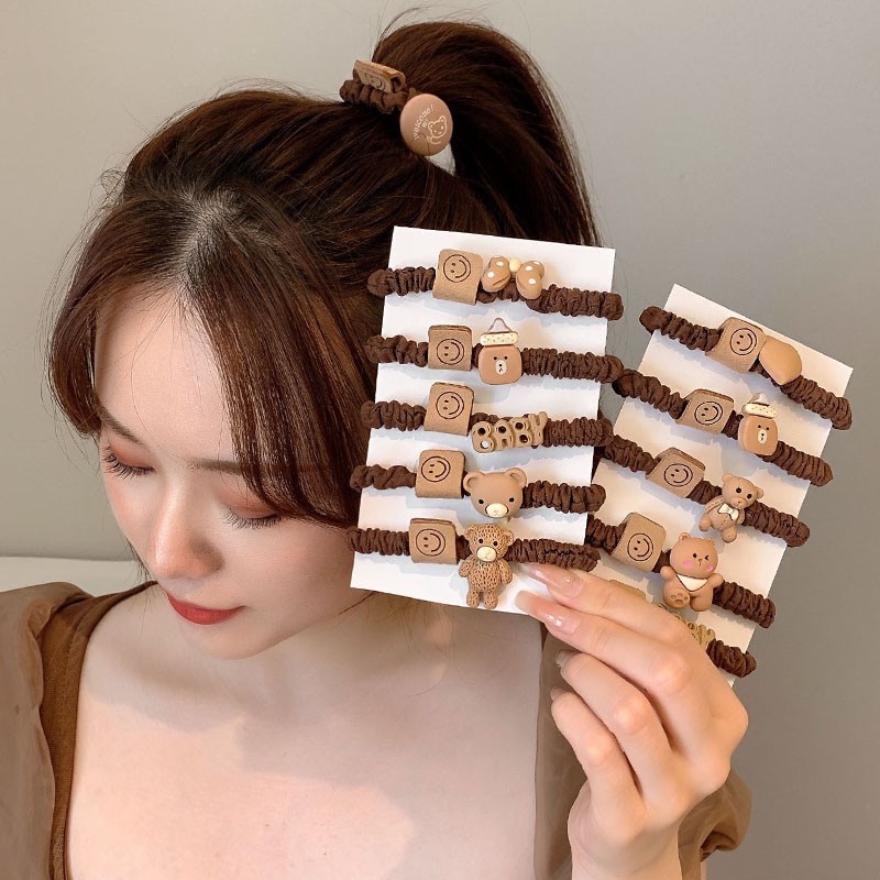 Bộ 3 / 5 Dây Buộc Tóc Cao Su Co Giãn Hình Gấu Dễ Thương Phong Cách Hàn Quốc Cho Nữ