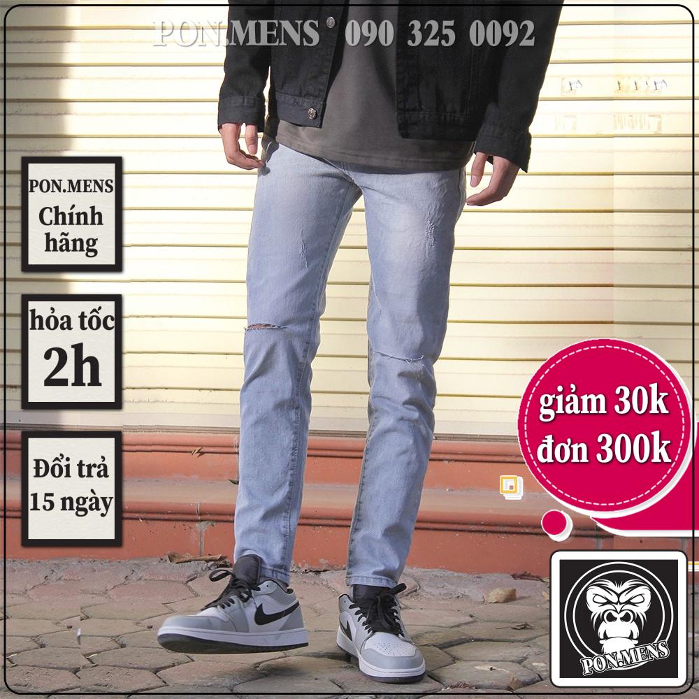 Quần jean nam rách gối màu xanh ghi nhạt co giãn 4 chiều dáng slimfit skinny xước vải bò cao cấp giá rẻ VNXK Pon.mens