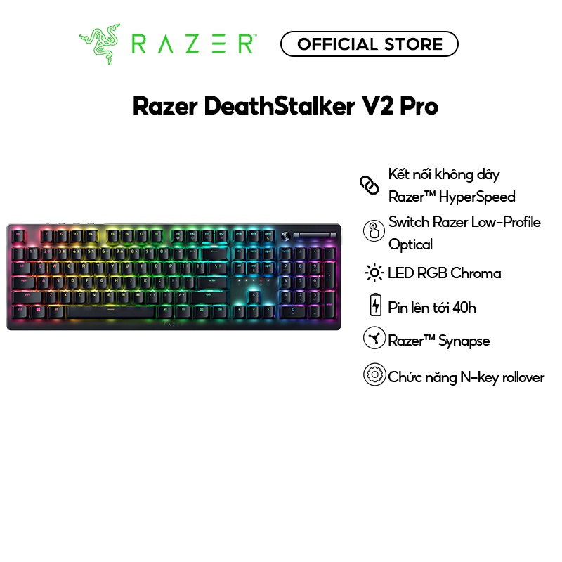 Bàn phím cơ không dây Razer DeathStalker V2 Pro Fullsize|Tenkeyless|Low | Switch êm tay | 70 triệu lần nhấn | Led RGB