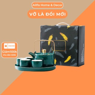 Bộ ấm chén pha trà sứ kèm khay màu xanh cổ vịt có hộp đựng quà tặng đẹp Alifis