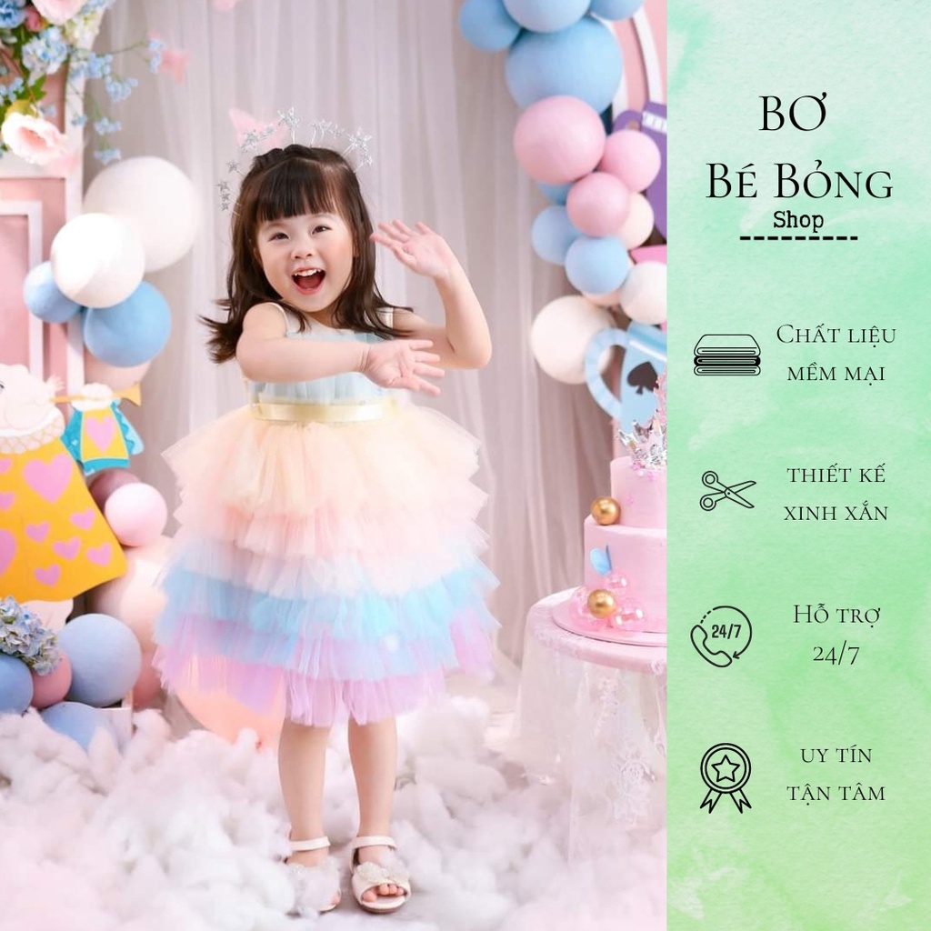Váy Công Chúa, Đầm Công Chúa Bé Gái Thiết Kế Cao Cấp Màu Cầu Vồng Tặng Cài Tóc, Nơ Đá, Siêu Bồng Bềnh 8-35kg, Bơ Bé Bỏng