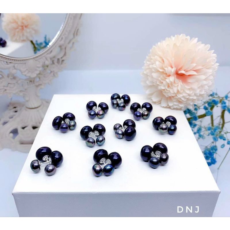 Bông tai Dior trai nước ngọt bạc 925 đen ánh xám