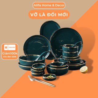 Bộ bát đĩa sứ xanh cổ vịt viền vàng cao cấp kèm hộp quà tặng sang trọng Alifis