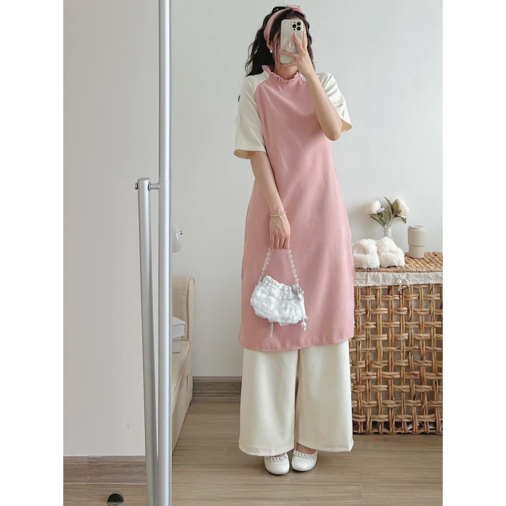 Set áo dài cách tân cổ viền bèo phối tay dáng suông kèm turban ulzzang