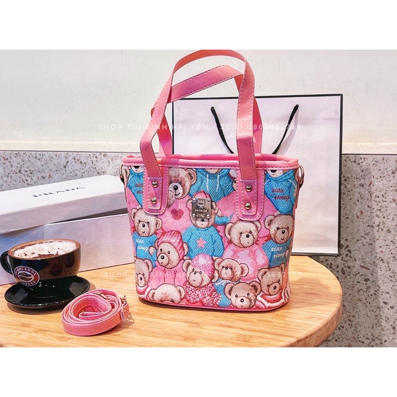 Túi đeo chéo, túi làn hoạ tiết gấu tim hồng cute dễ thương thời trang rẻ đẹp