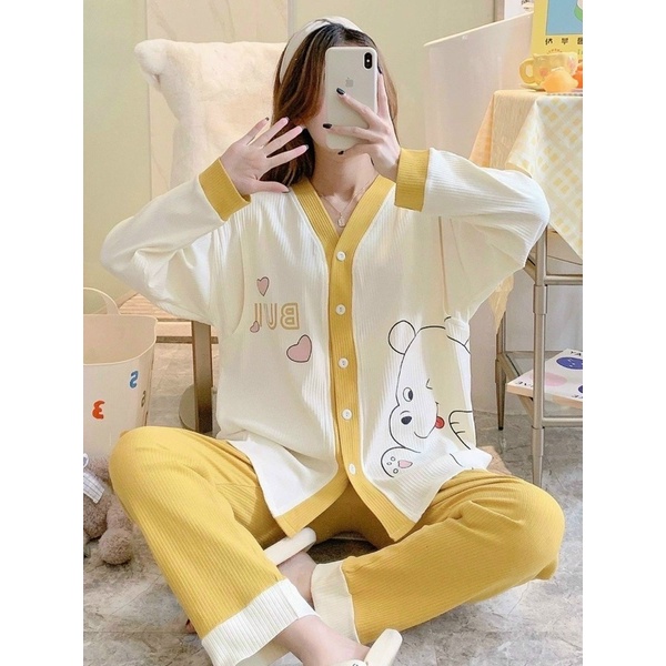 Pijama pha ren ngực cho mẹ mặc sau sinh, đồ bộ bầu cho con bú Chất liệu đũi xốp dày dặn cho mùa thu đông