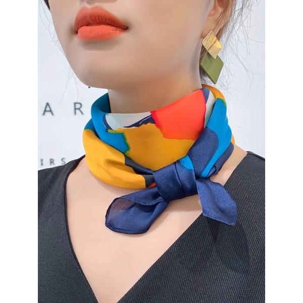 Khăn turban lụa vuông choàng cổ size 70x70cm thanh lịch phong cách nữ tính đa năng dùng làm áo yếm in hoa
