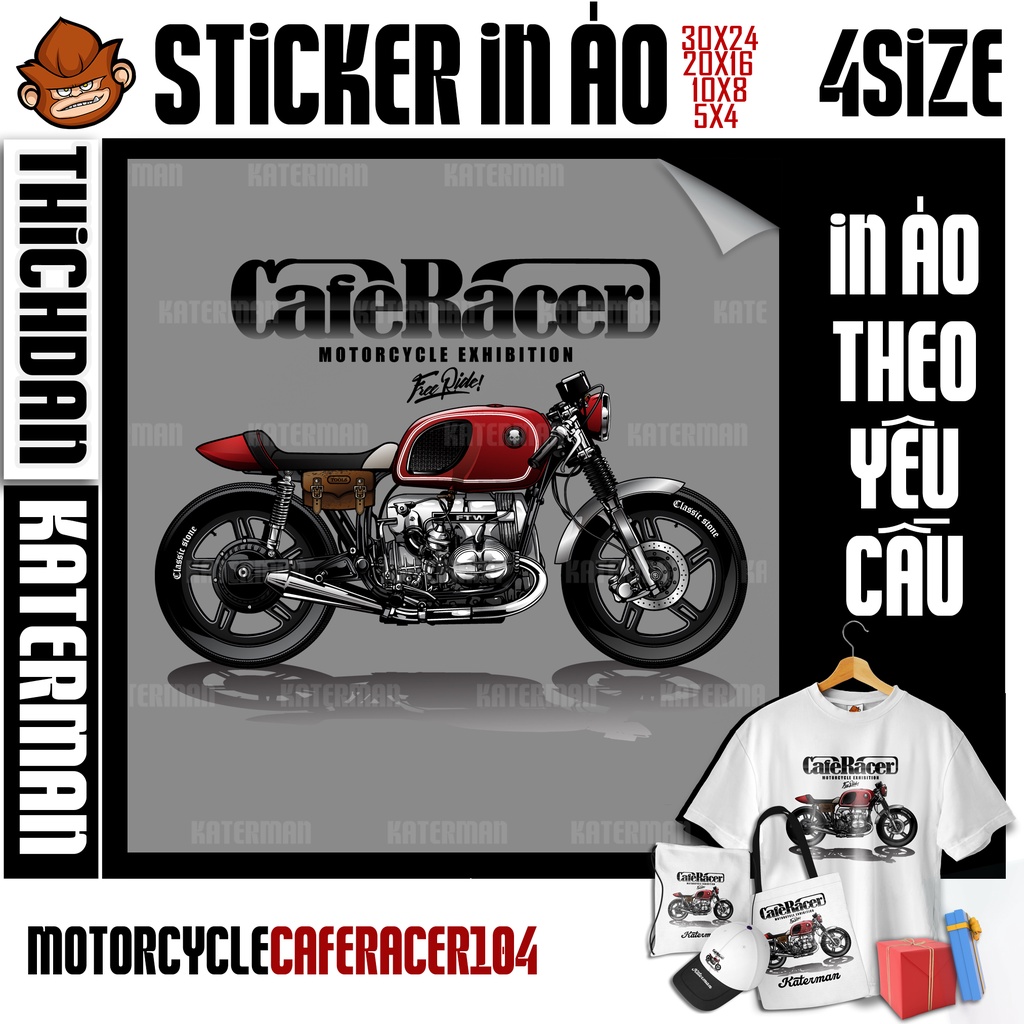 Sticker hình in nhiệt áo thun, ủi nhiệt áo phông hình xe moto Classic bike, xe cổ điển Cafe Racer, xe độ màu đỏ đen 104