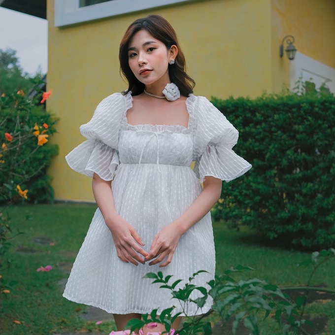 Đầm xoè babydoll Shebyshj tay phồng màu trắng - Jasper Dress