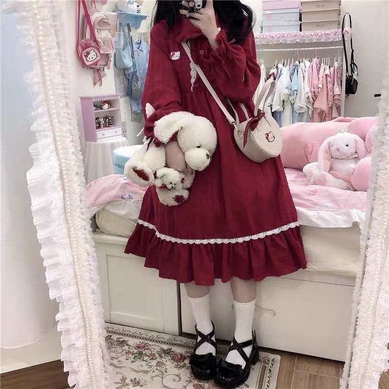 Váy/ Đầm Lolita OP Đỏ Ren  - Kèm ảnh thật, váy đầm công chúa,dự tiệc, tiểu thư, nàng thơ, sang chảnh