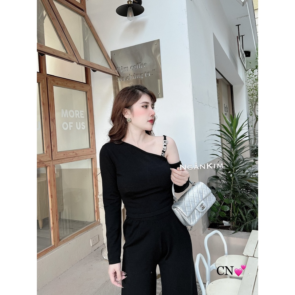 Set bộ len áo hở vai lệch dây Wang sang xịn mịn Hàng QCCC