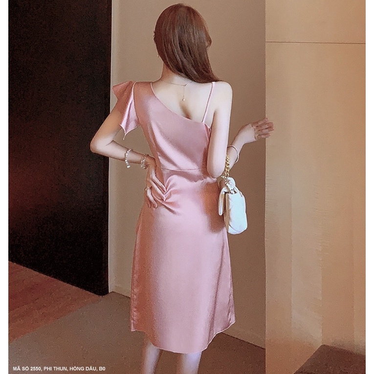 (Có size) Đầm Lụa thiết kế tà xéo chéo vai đi tiệc cực sang cho bạn nữ - hàng có size lớn