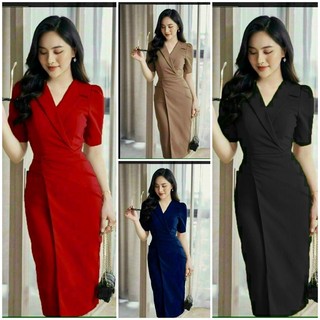 Đầm body cổ vest xếp ly cao cấp có 4 màu TẶNG KÈM HOA TAI THỜI TRANG