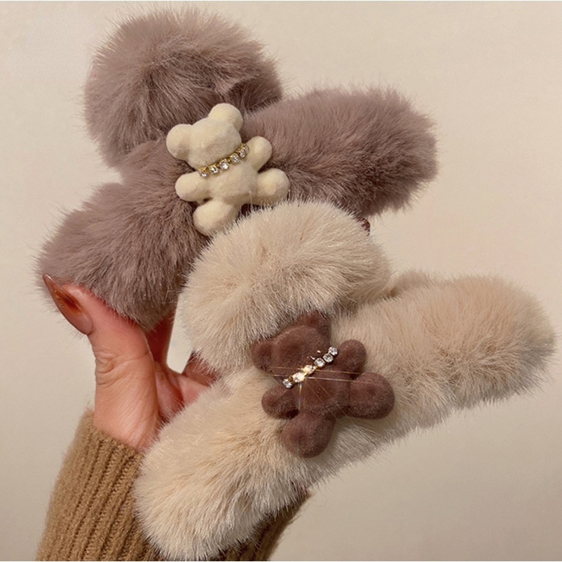 Kẹp Tóc Càng Cua Hình Chú Gấu Phủ Lông Dễ Thương Ngọt Ngào Thời Trang Mùa Đông Cho Nữ