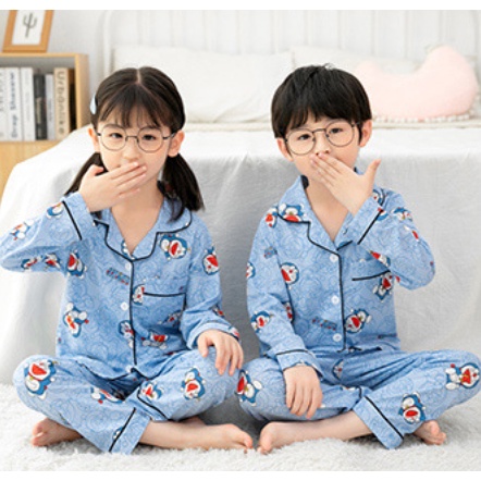 ✅ Pizama Cotton Đũi Nhật Bản Doremon xanh CD08 tay dài trẻ em đồ ngủ| đồ đi chơi bé trai gái