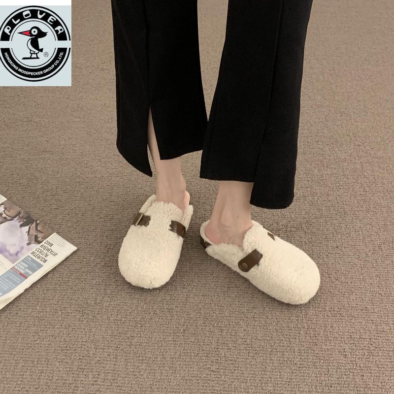 Dép Bít Mũi Phối Lông Xù Phong Cách Hàn Quốc Thời Trang Thu Đông Mới Dành Cho Nữ