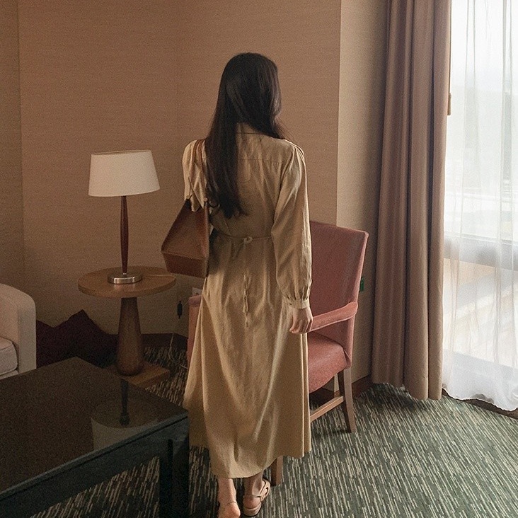 SUXI Đầm Sơ Mi Dài Tay Dáng Chữ A Màu Sắc Trơn Phong Cách Hàn Quốc