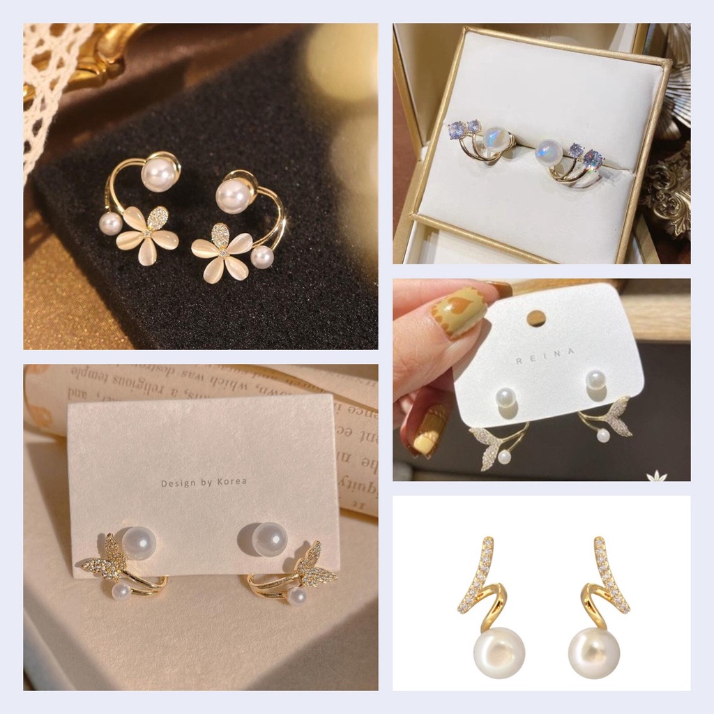 Bông tai mạ bạc 925 hình đuôi cá đính ngọc trai giả phong cách Hàn Quốc