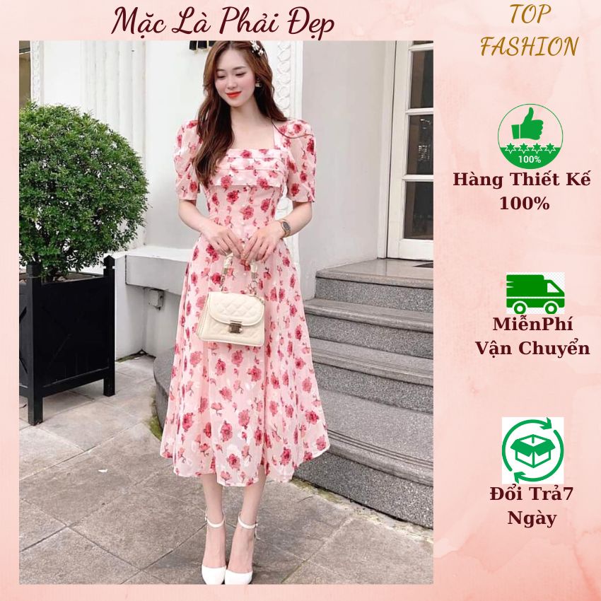 Váy hoa đỏ xếp ly ngực TOPFASHION chất Voan mềm mại, Đầm thiết kế du lịch, dự tiệc cao cấp