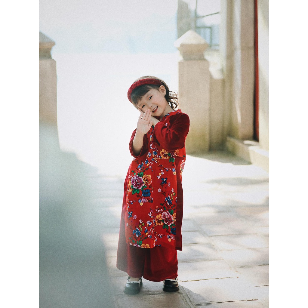Set áo dài nhung chăn con công hoa đỏ SET125