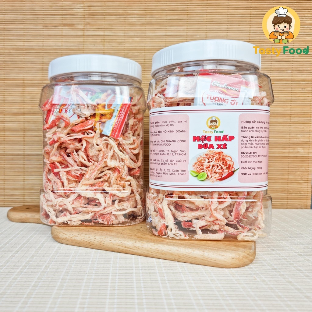 [Hũ vuông] 1KG Hũ Mực Hấp Dừa Xé Sợi Tasty Food | Khô Mực - Mực thật 100%