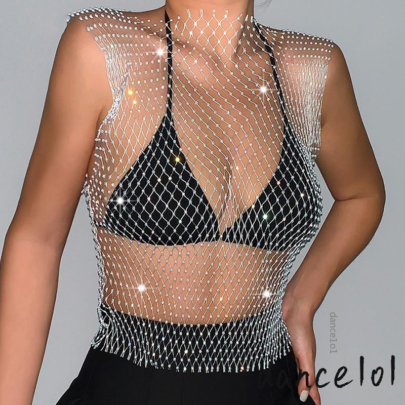 Lưới Ba Lỗ Đính Đá Sáng Bóng Cổ Tròn / Cổ Chữ V Không Tay Co Giãn Dành Cho Bạn Nữ