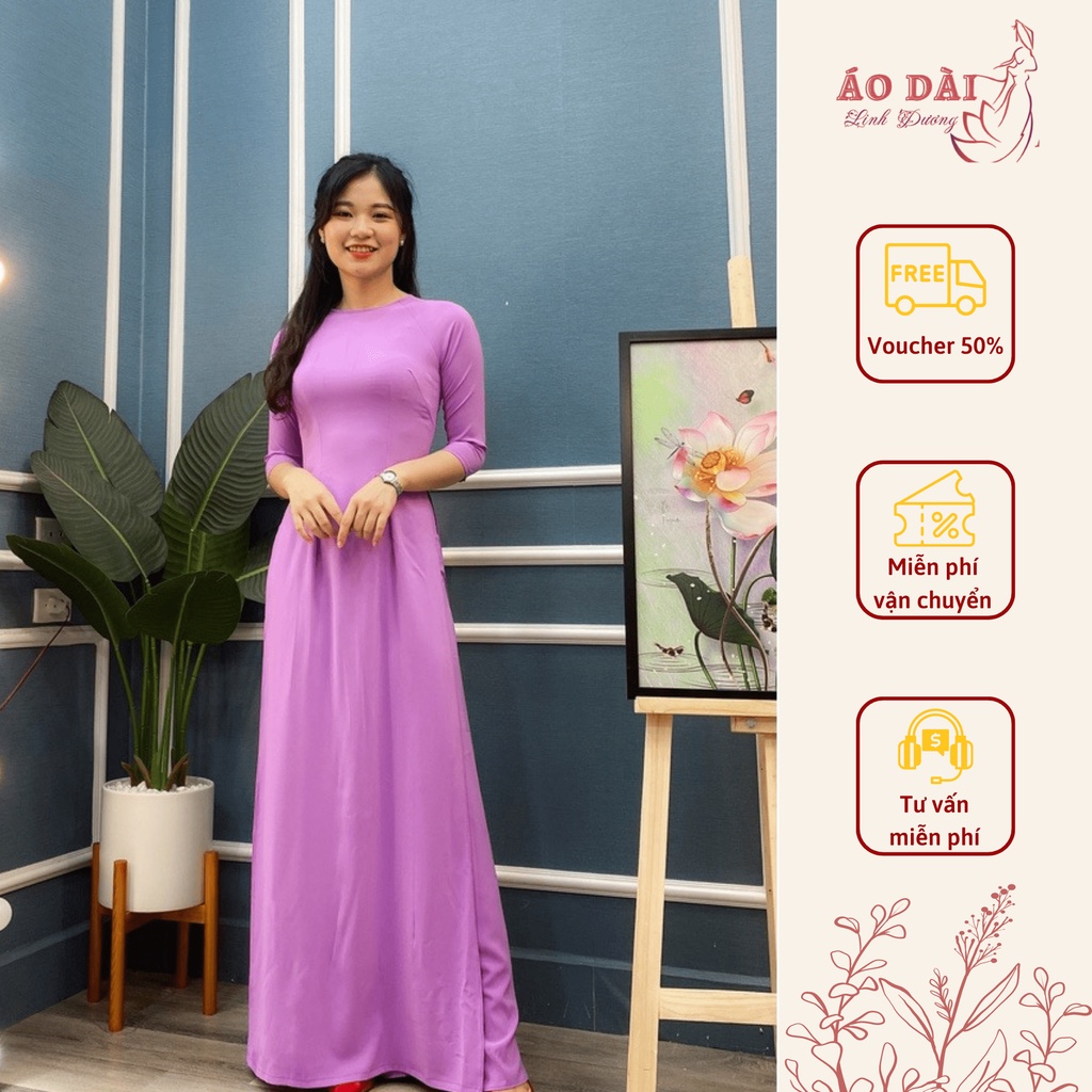 Áo dài trơn hoa tím cà lụa Nhật thoáng mát , mềm mịn