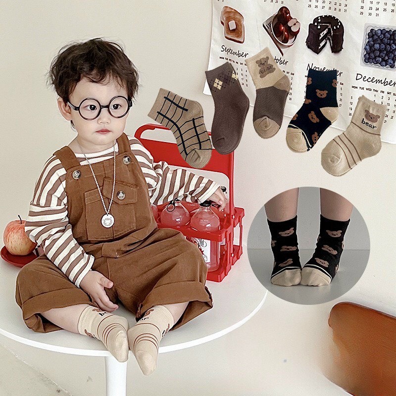 Set 3 đôi tất gấu nâu cổ cao cho bé trai, bé gái siêu cute size 1y-10y