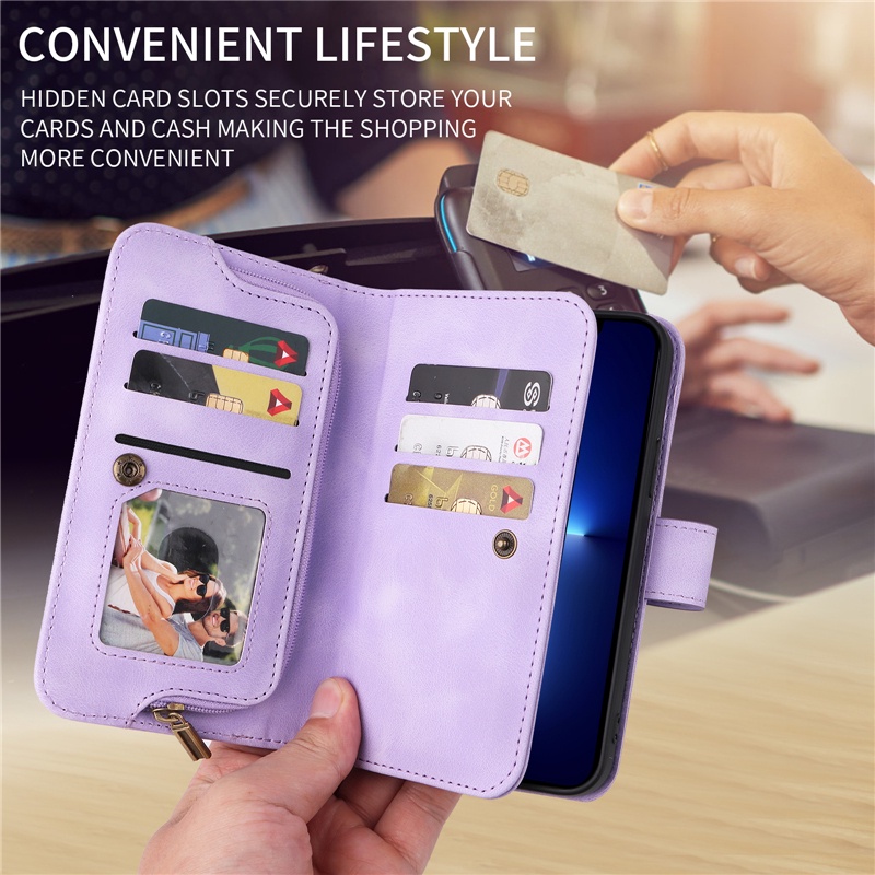 Ốp Điện Thoại Da Kèm Ngăn Đựng Thẻ Khóa Nam Châm Dây Dài Cho IPhone 14 13 12 Mini Pro Max Plus