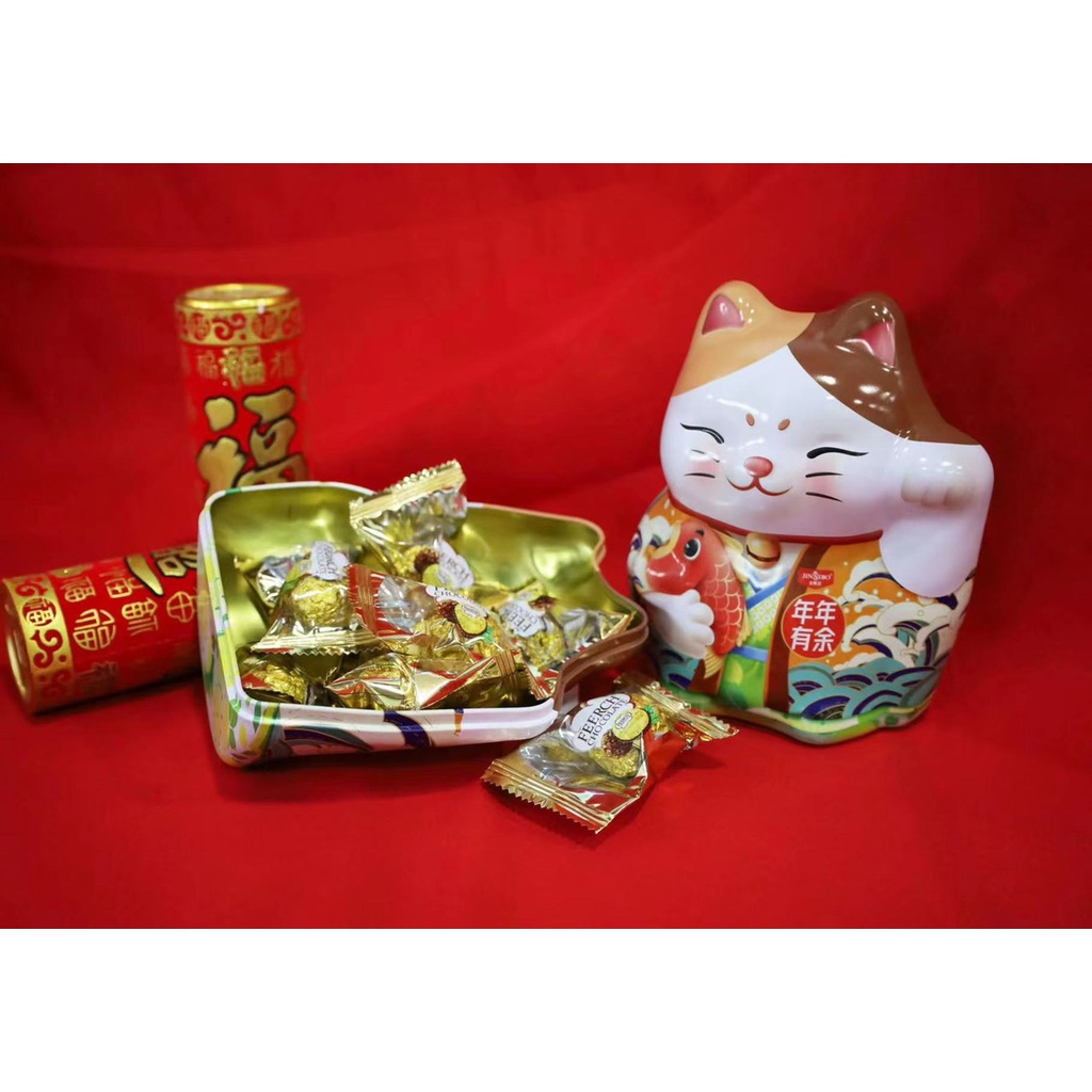 [ May mắn ] Kẹo Socola mèo thần tài hộp thiếc đẹp sang trọng lịch sự hộp 88g